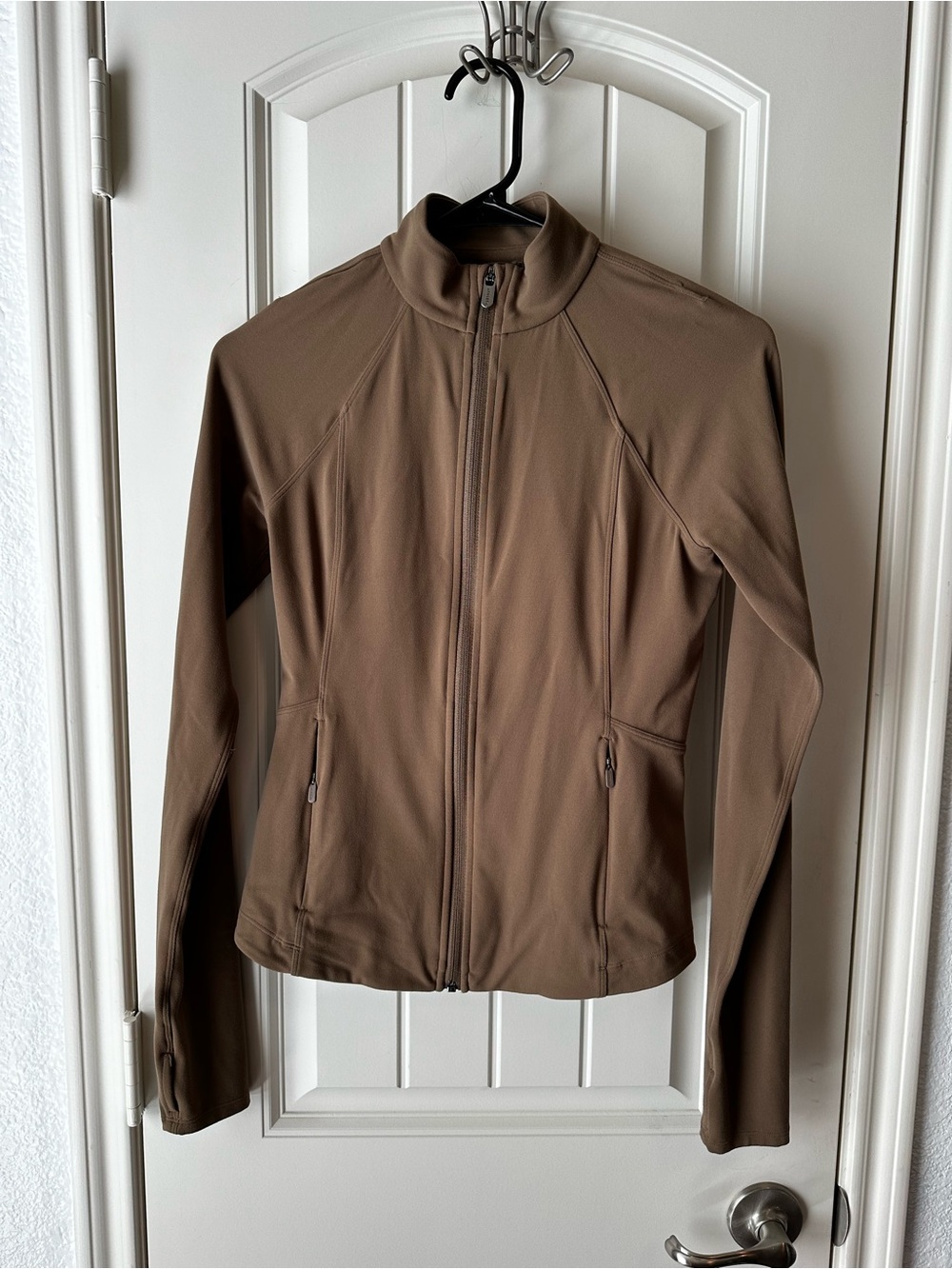 Athleta Salutations Neutral Taupe Light Brown Workout Athletic Zip Up Jacket XS